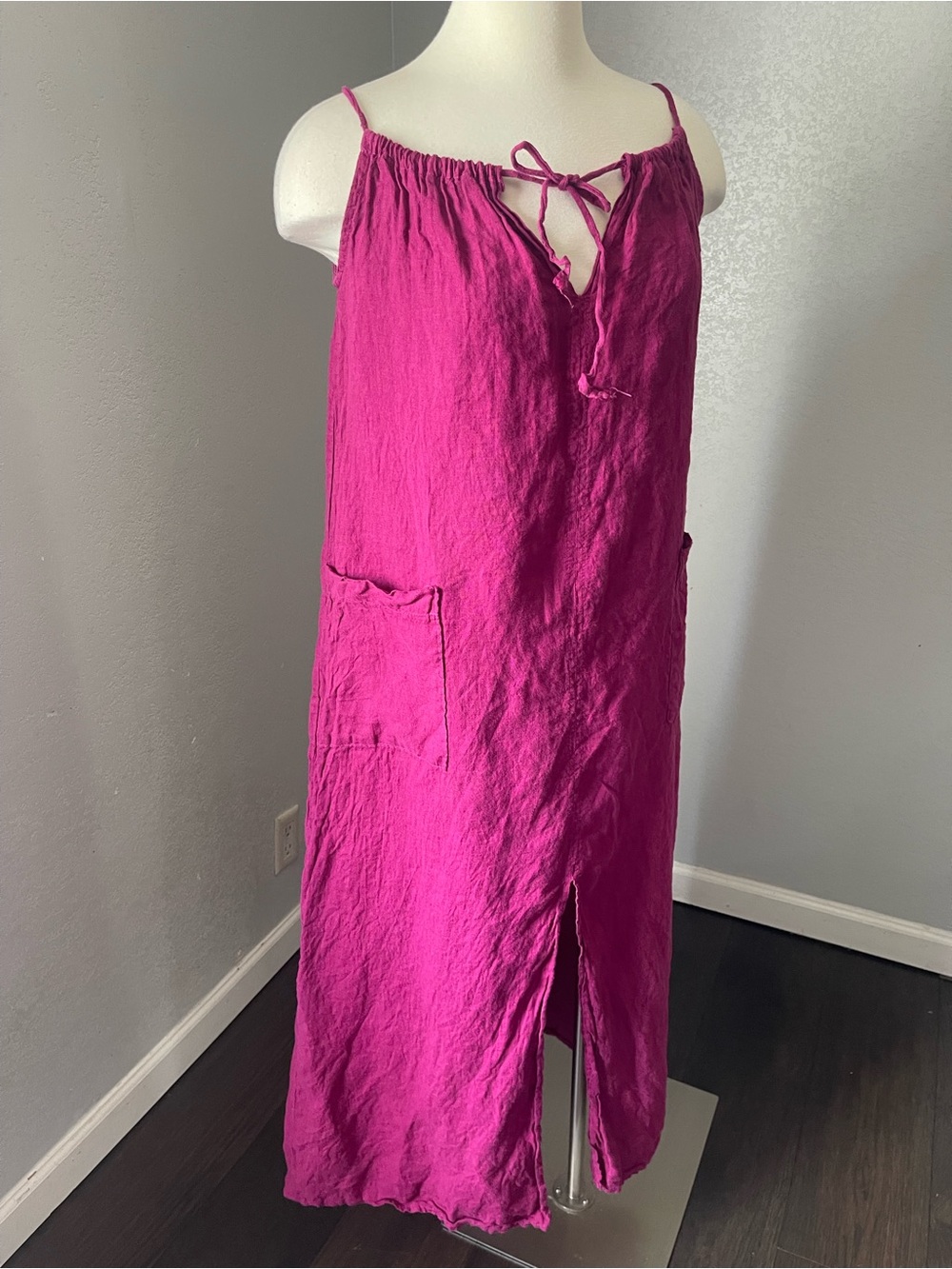 Meo Meli Fuchsia Midi Dress with Tie Neck and Front Slit